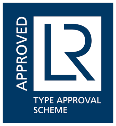 Blue square logo with white letters “LR” and text reading “APPROVED” and “TYPE APPROVAL SCHEME” — Lloyd’s Register approval mark.