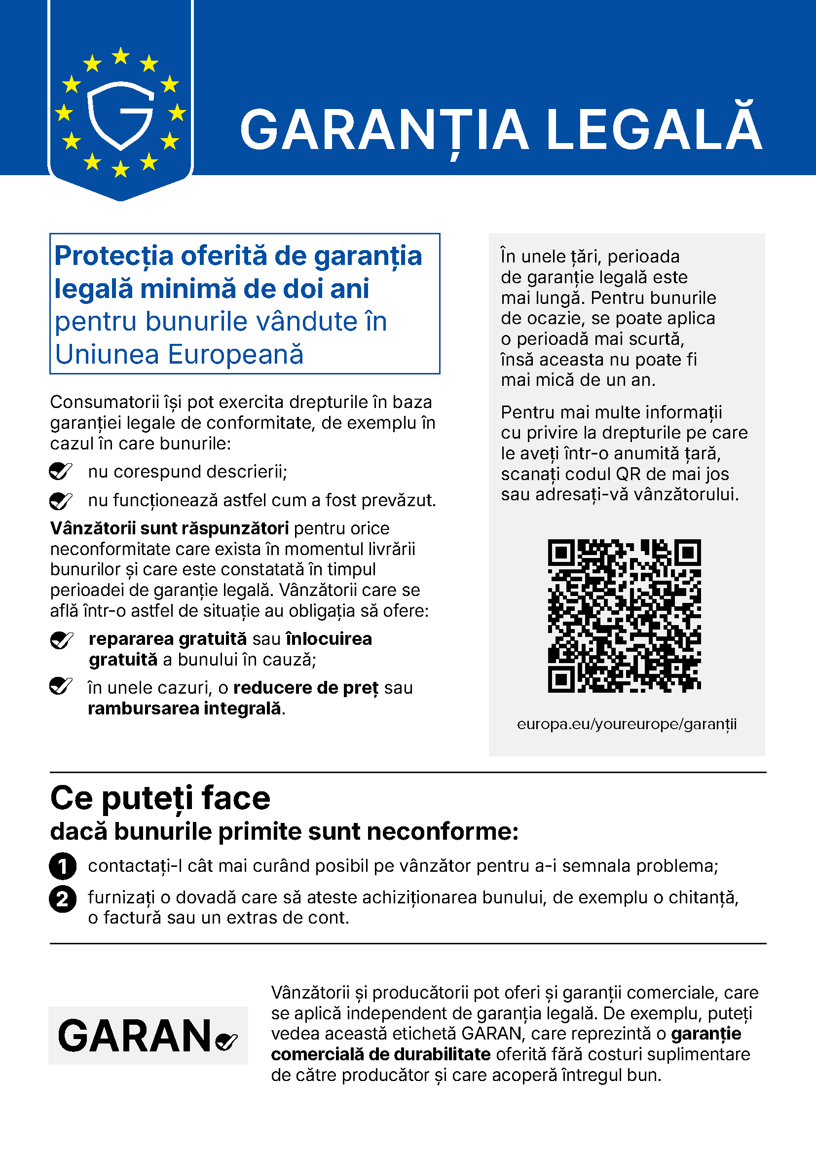 Poster românesc detaliind garanția legală minimă de doi ani a UE pentru bunuri, drepturile consumatorilor, pașii și codul QR.