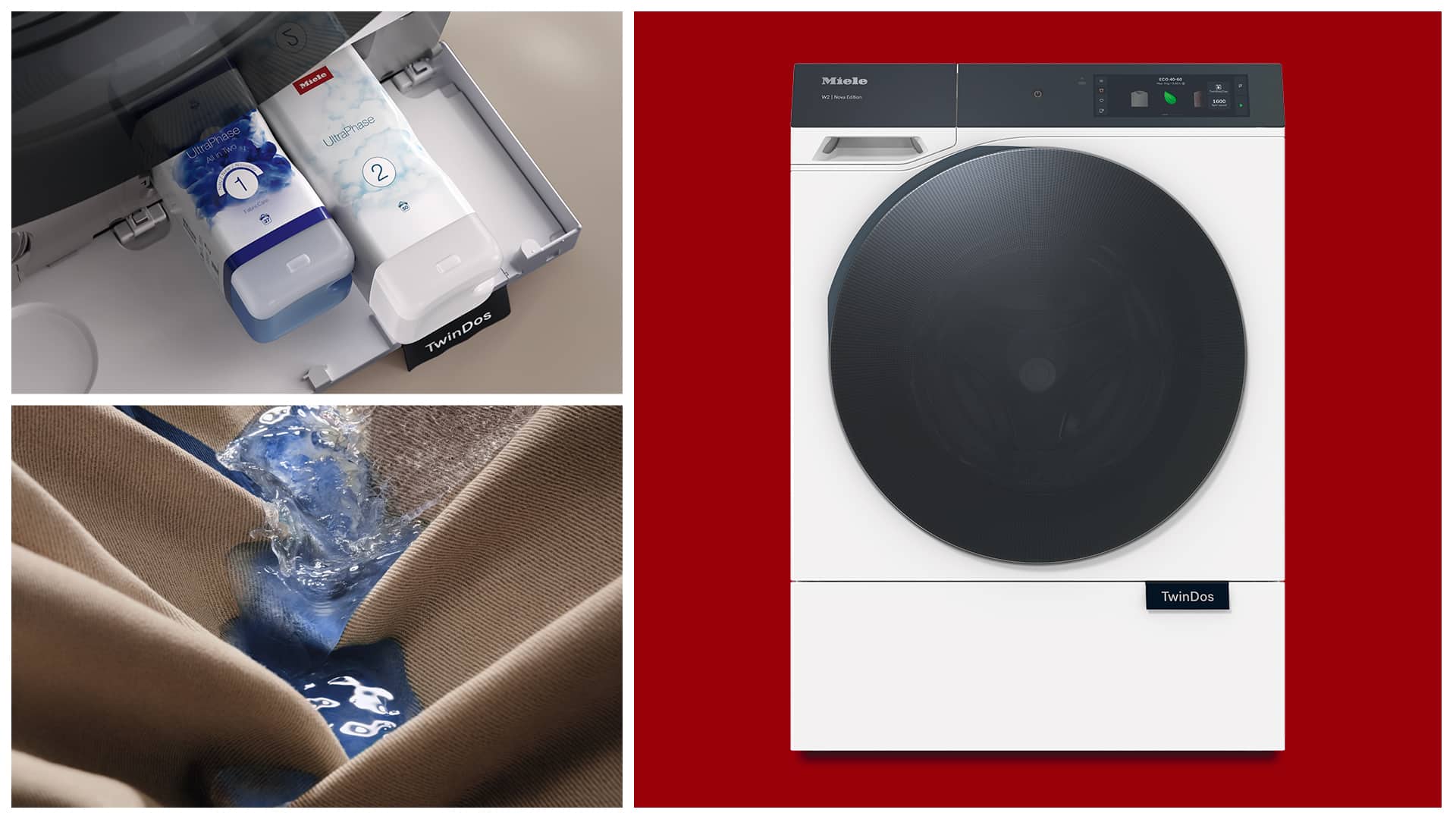 Collage représentant un lave-linge Miele équipé des cartouches TwinDos et UltraPhase 1/2, illustrant le dosage automatique du détergent.