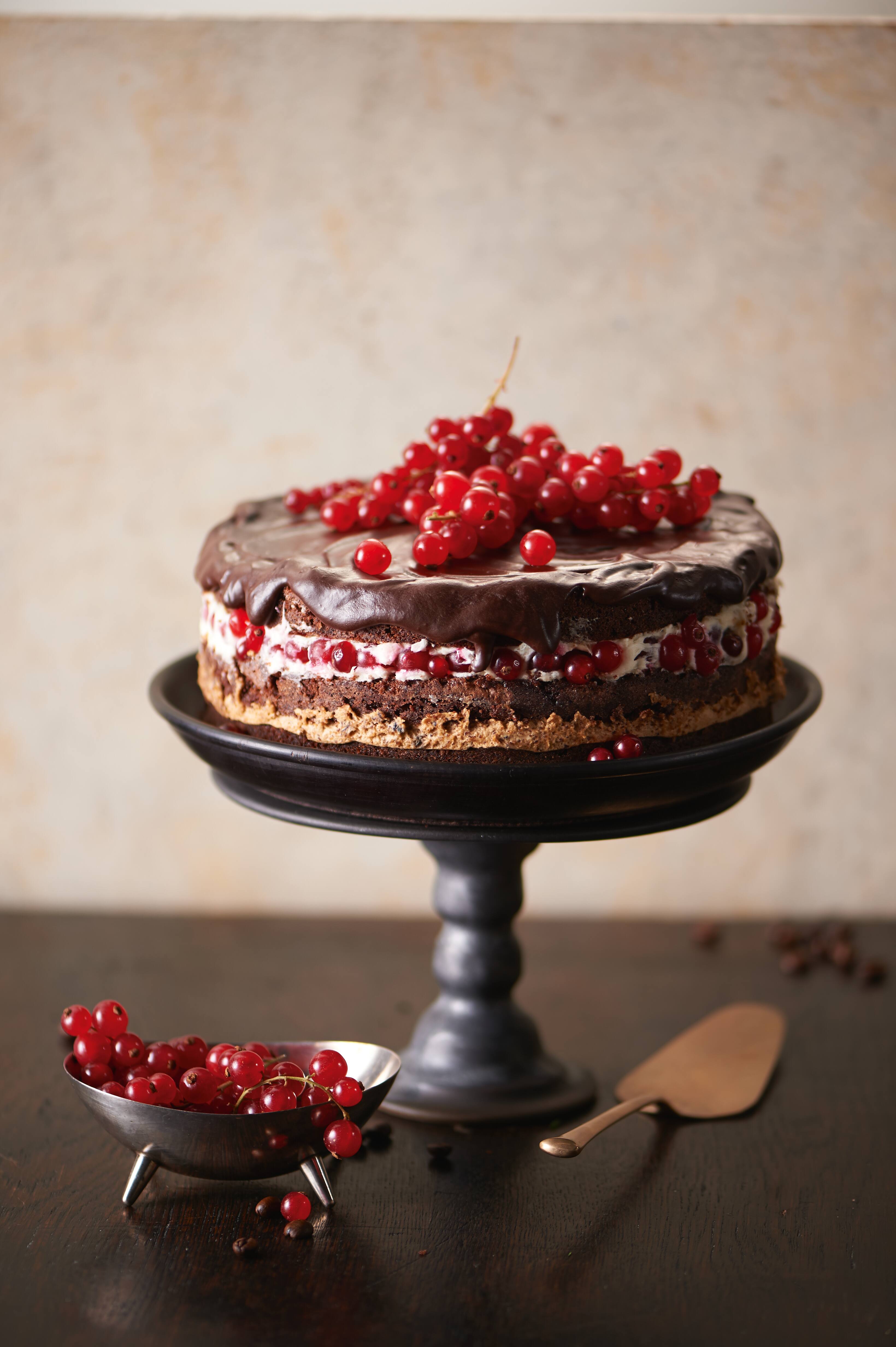 Chocolate layer cake with ganache and red currants on a black pedestal, styled with berries and server. Chocolate layer cake with ganache and red currants on a black pedestal, styled with berries and server.