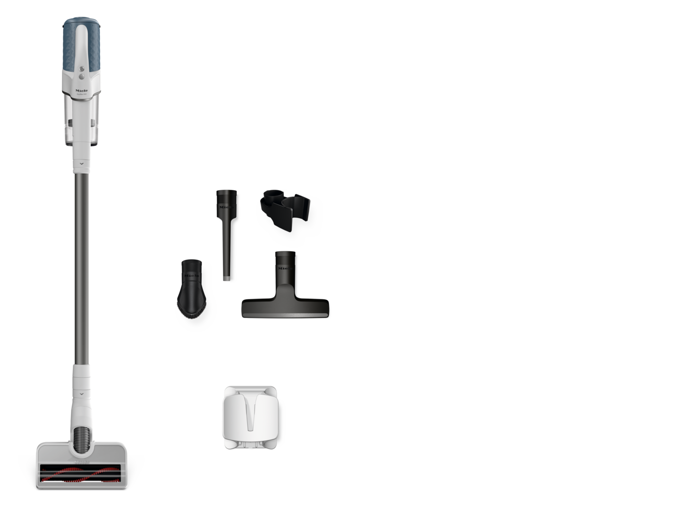 Duoflex HX1 - Usisivači sa pogonom na baterije Бежични уски усисивач са одвојивом ручном јединицом, приказан са више додатака (алат за пукотине, четка, алат за тапацир, мини моторизована глава) и док за пуњење на белој позадини.