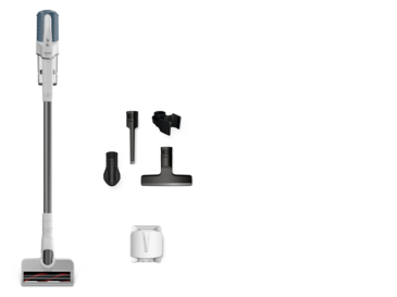 Duoflex HX1 - Usisivači sa pogonom na baterije Бежични уски усисивач са одвојивом ручном јединицом, приказан са више додатака (алат за пукотине, четка, алат за тапацир, мини моторизована глава) и док за пуњење на белој позадини.