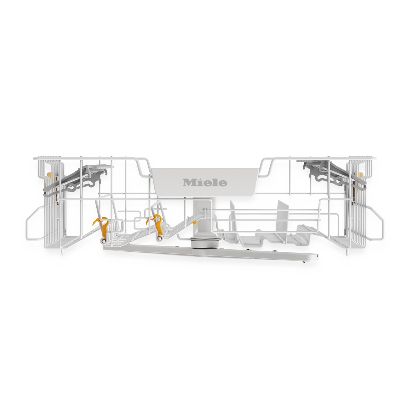 Top basket Complete KD - Upper basket Top view of a Miele dishwasher lower rack with adjustable tines, cutlery holders, and central spray arm