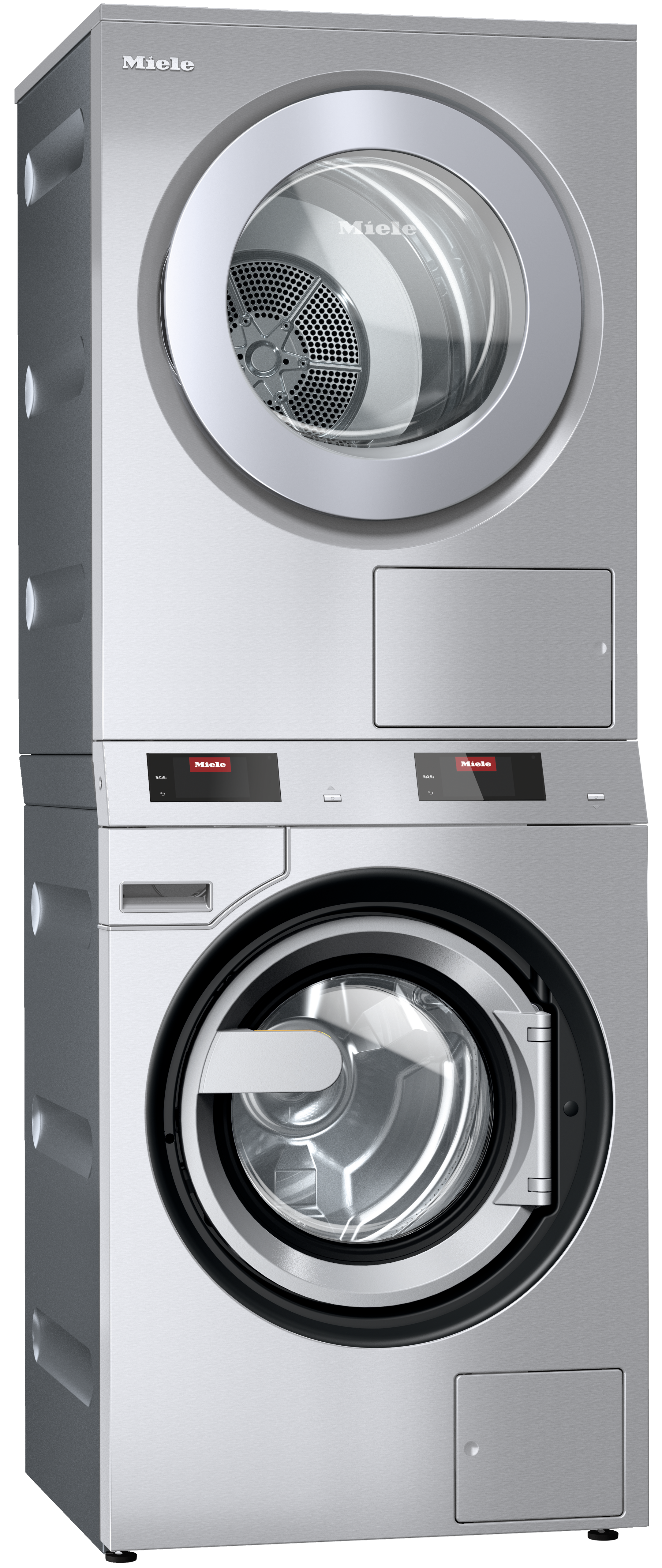 Stacked front-load Miele washer and dryer in stainless steel with round glass doors and digital touch displays.