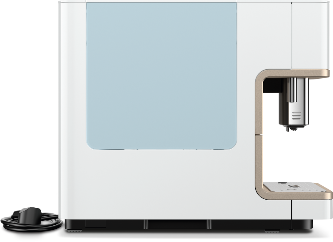 Miele official side view of the Lotus white CM 6360 showing the water tank and compact cabinet depth