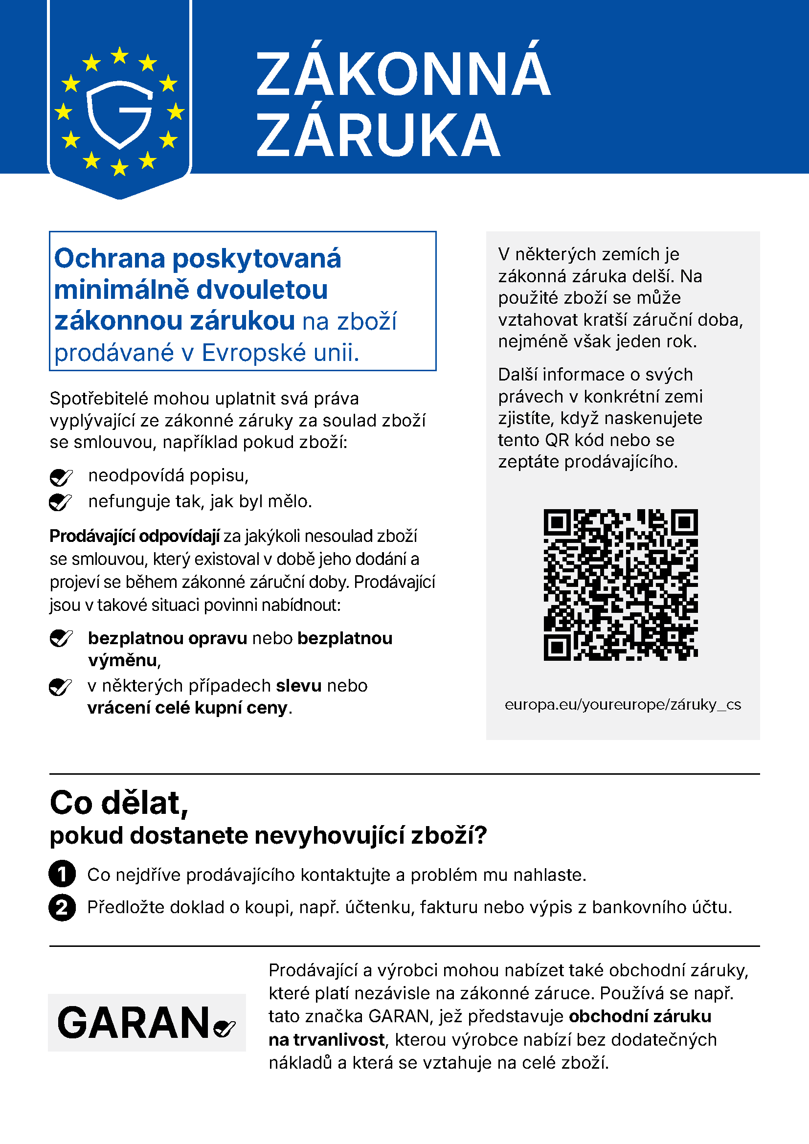 Infografika v češtině o zákonné záruce EU: minimálně dva roky, práva spotřebitelů, kroky k uplatnění a QR kód. Infografika v češtině o zákonné záruce EU: minimálně dva roky, práva spotřebitelů, kroky k uplatnění a QR kód.