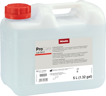Miele ProCare Lab 30 C neutralising agent in a 5 L canister with red cap, for automated lab glassware cleaning.