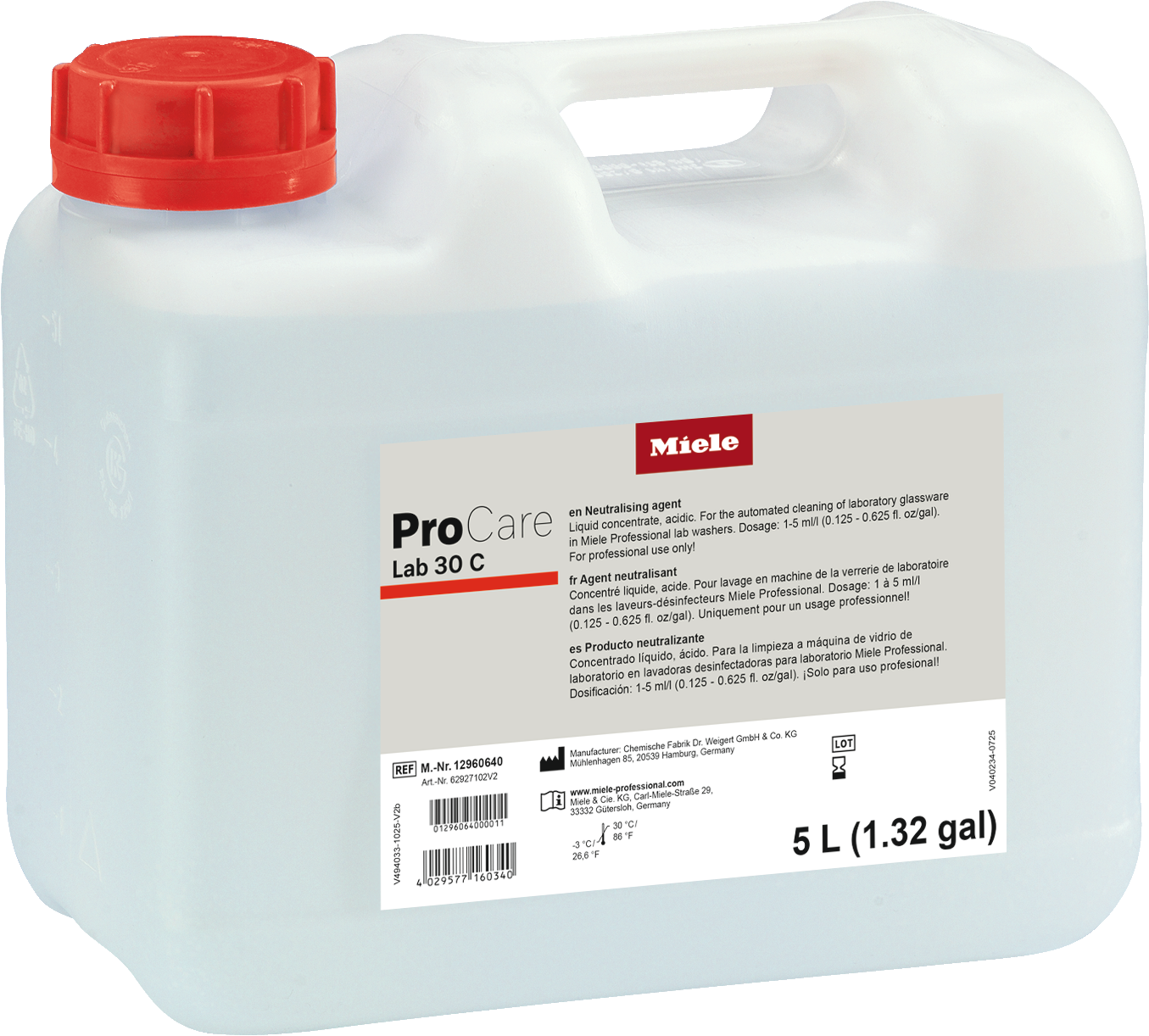 Miele ProCare Lab 30 C neutralising agent in a 5 L canister with red cap, for automated lab glassware cleaning.