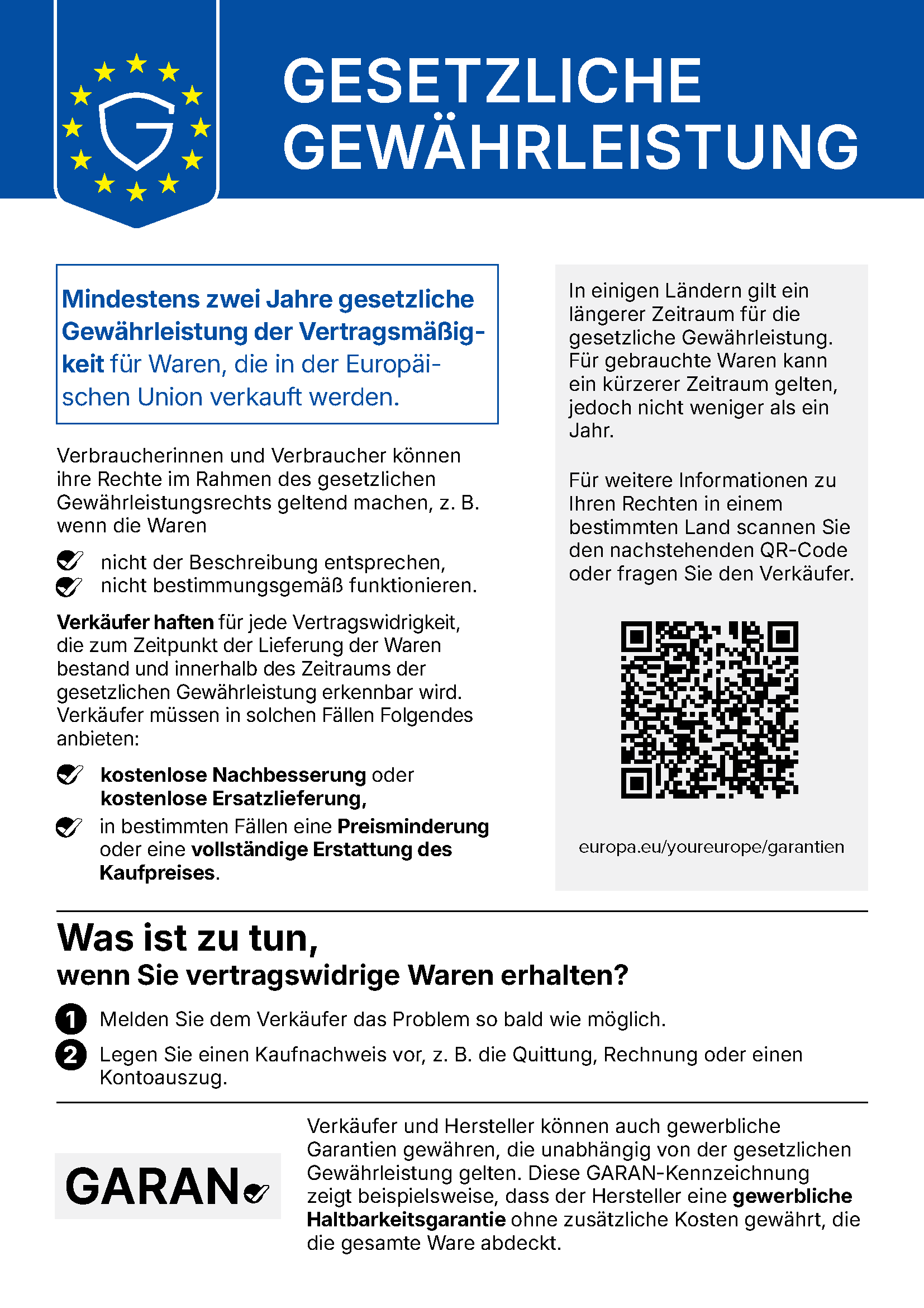 Deutscher EU-Hinweis zu gesetzlichen zweijährigen Gewährleistungsrechten für Waren, Schritte bei fehlerhaften Artikeln und QR-Code.