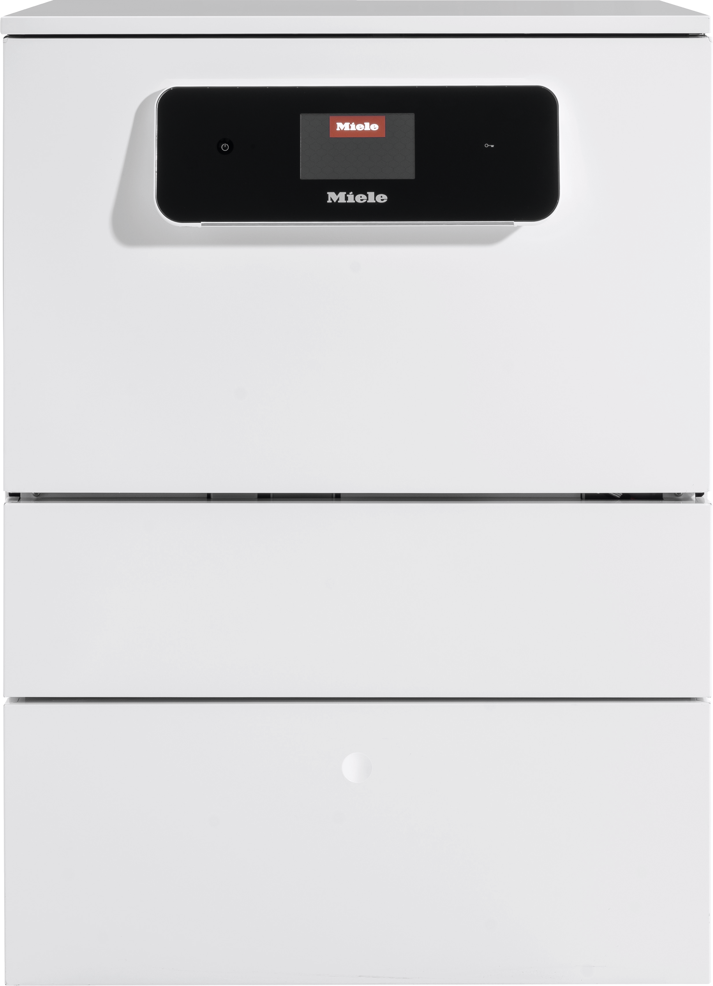 Fronten av et hvitt Miele-produkt med svart betjeningspanel med berøringsskjerm, muligens en oppvaskmaskin eller sterilisator, mot en ensfarget bakgrunn.