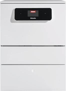 Framsida av en vit Miele produkt med svart manöverpanel med touchdisplay, möjligen en diskmaskin eller sterilisator, mot en enfärgad bakgrund.