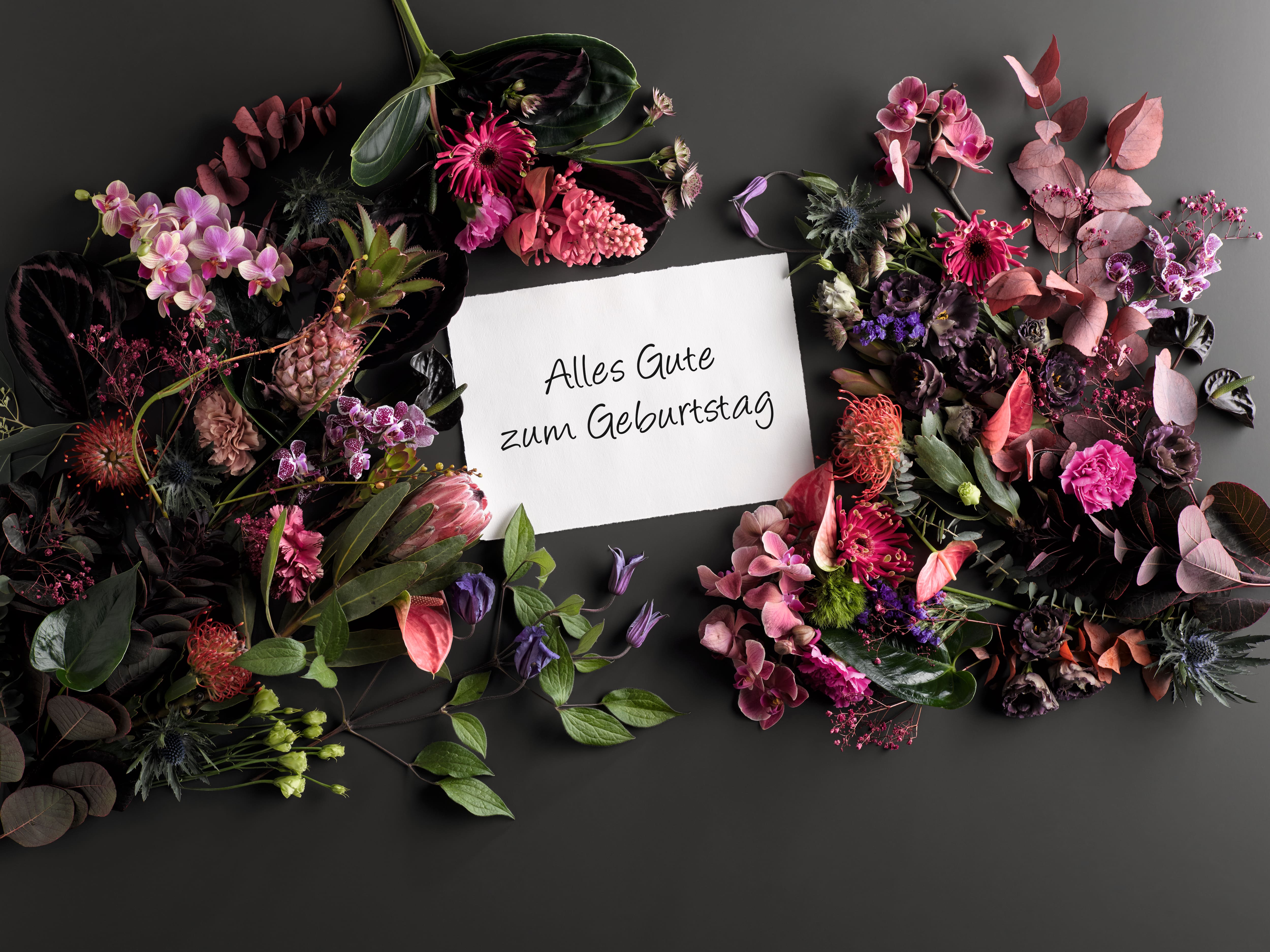 Ein dunkler Hintergrund mit einer bunten Anordnung von rosa, lila und roten Blumen, die eine weiße Karte einrahmen, auf der „Alles Gute zum Geburtstag“ steht.