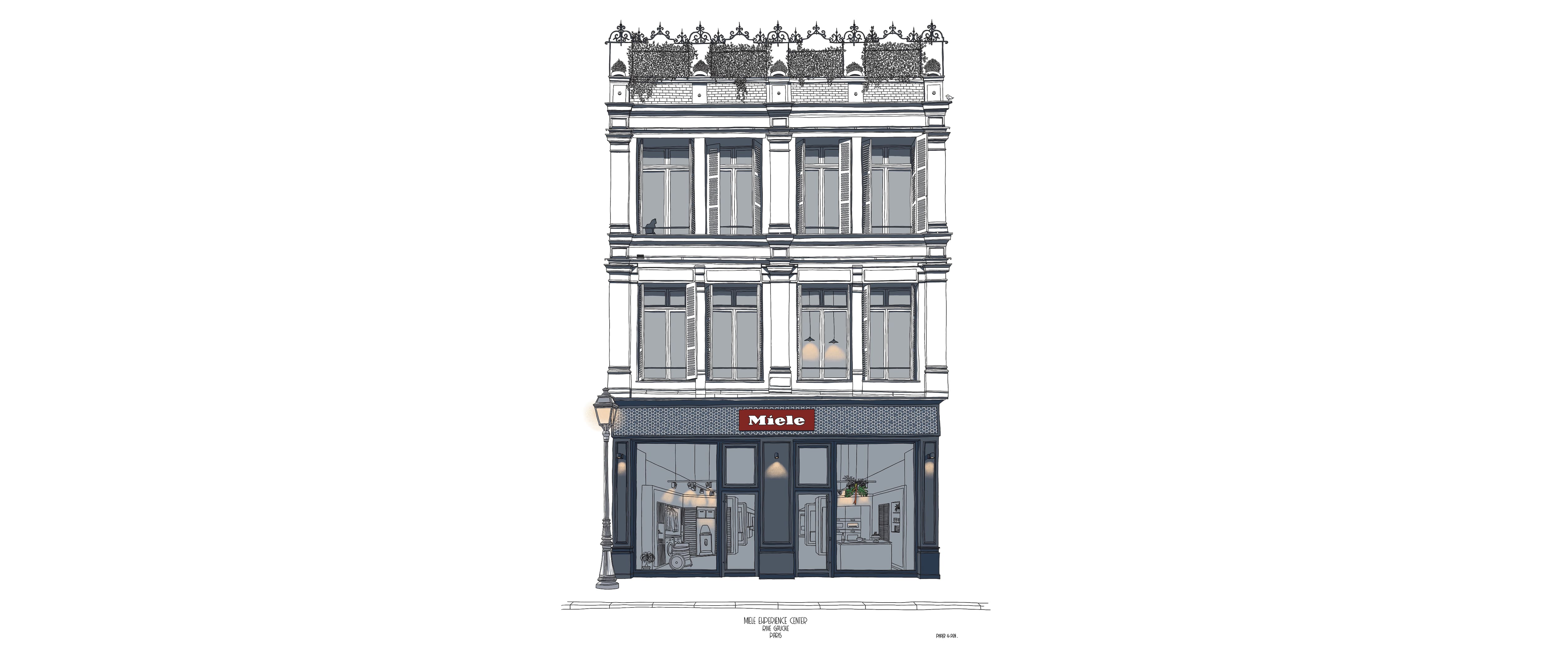 Façade illustrée du Miele Experience Center à Paris, avec ses hautes baies vitrées et son toit végétalisé. Façade illustrée du Miele Experience Center à Paris, avec ses hautes baies vitrées et son toit végétalisé.