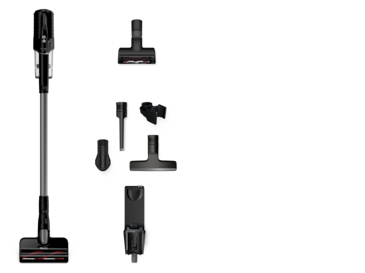 Duoflex HX1 Cat & Dog - Прахосмукачка, захранвана с батерия Безкабелна права прахосмукачка със свалящ се ръчен модул и множество приставки, включително моторна глава за четки, инструмент за почистване на процепи, четка за тапицерия, широка дюза за под и конзола за стена за зареждане.