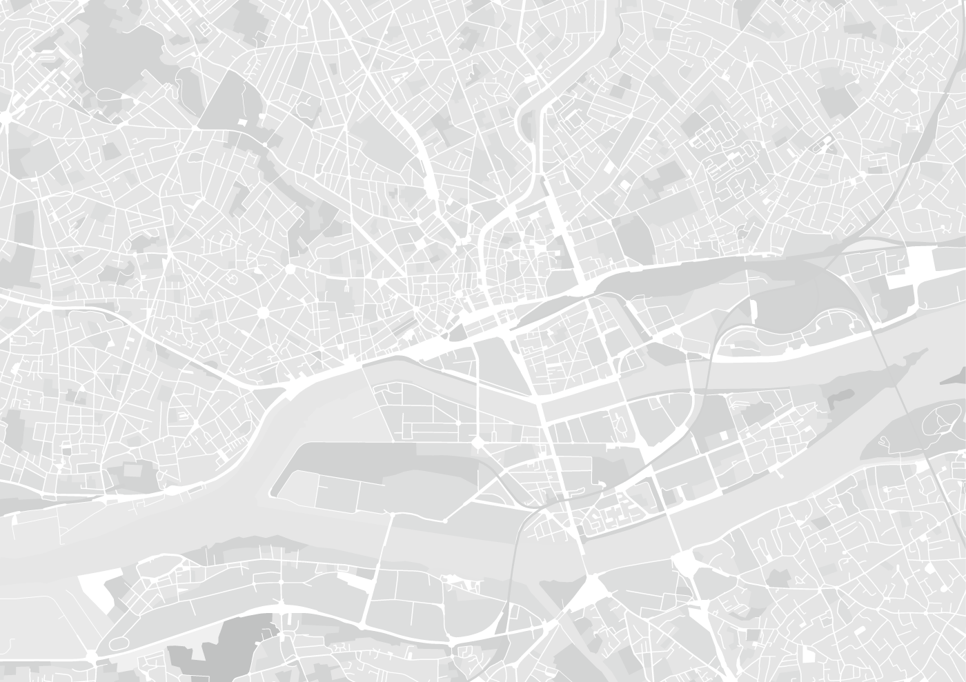 Monochrome city map with a river across the center, highlighting streets, bridges, and districts for navigation or design.