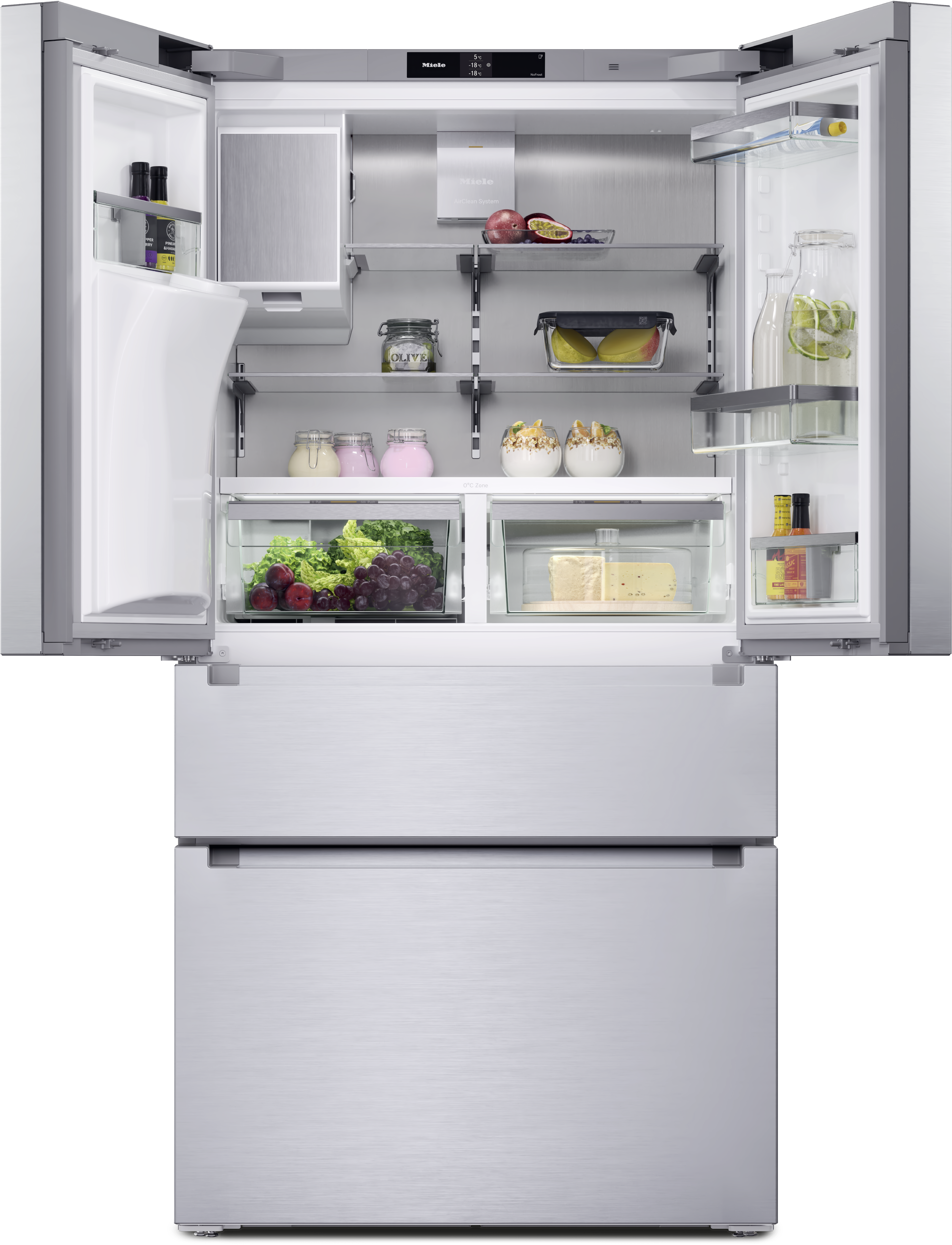 Open stainless-steel French-door refrigerator with bottom freezer drawer, showing shelves stocked with produce, dairy, drinks, and condiments. Open stainless-steel French-door refrigerator with bottom freezer drawer, showing shelves stocked with produce, dairy, drinks, and condiments.