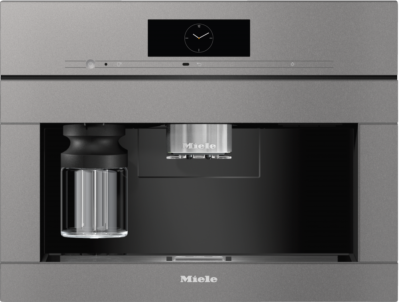 Built-in stainless steel Miele espresso machine with a digital display, central coffee dispenser, and a milk carafe on the left.