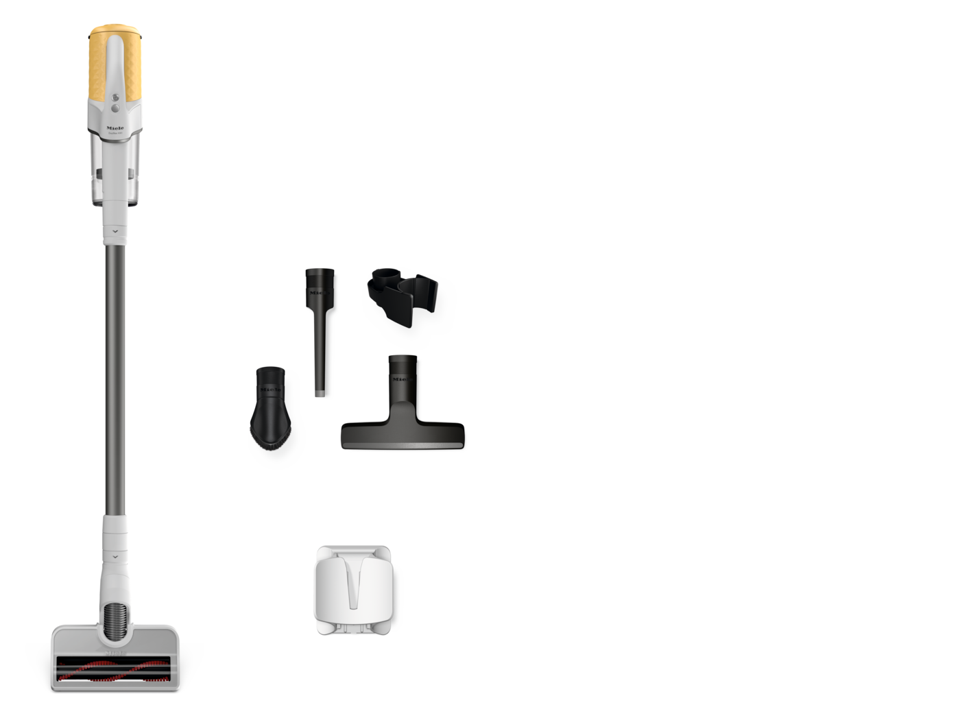 Duoflex HX1 - Прахосмукачка, захранвана с батерия Безкабелна права прахосмукачка с глава за под, няколко приставки за аксесоари и док станция за зареждане, показани на бял дисплей.