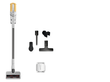 Duoflex HX1 - Прахосмукачка, захранвана с батерия Безкабелна права прахосмукачка с глава за под, няколко приставки за аксесоари и док станция за зареждане, показани на бял дисплей.