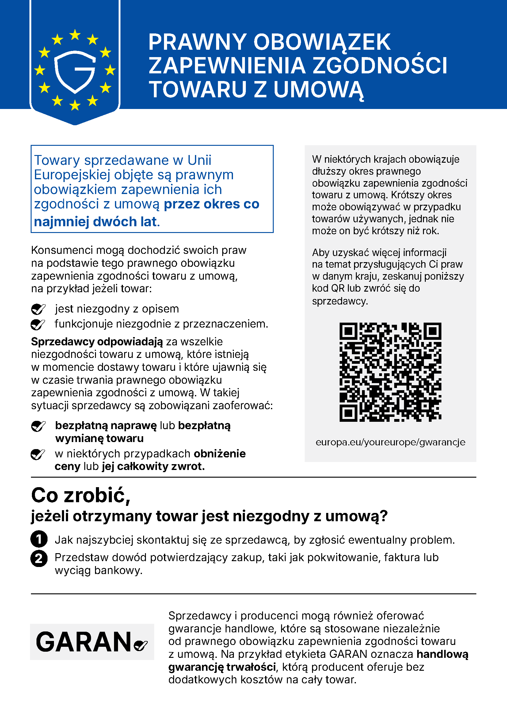 Polski plakat o prawach konsumentów UE: dwuletnia gwarancja zgodności, naprawa/wymiana lub zwrot, kroki i link QR. Polski plakat o prawach konsumentów UE: dwuletnia gwarancja zgodności, naprawa/wymiana lub zwrot, kroki i link QR.