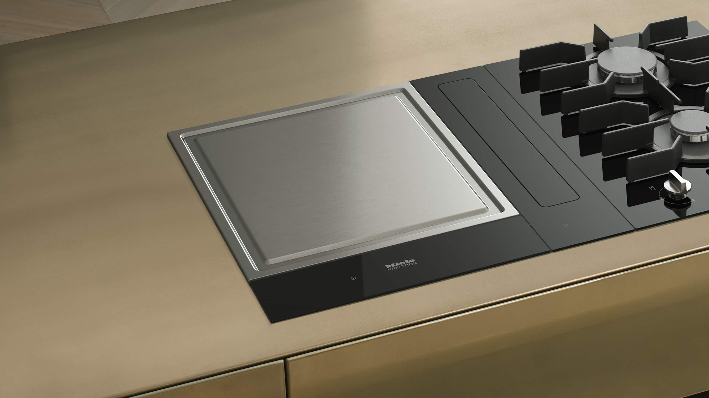 Modern kitchen countertop with integrated stainless steel cooktop and downdraft ventilation, a removable metal grease filter in the foreground, and a glass potted herb with a small bowl on a matte gray surface. Modern kitchen countertop with integrated stainless steel cooktop and downdraft ventilation, a removable metal grease filter in the foreground, and a glass potted herb with a small bowl on a matte gray surface.