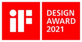 iF Design Award 2021 logo featuring a white “iF” emblem and “DESIGN AWARD 2021” text on two adjacent red squares.