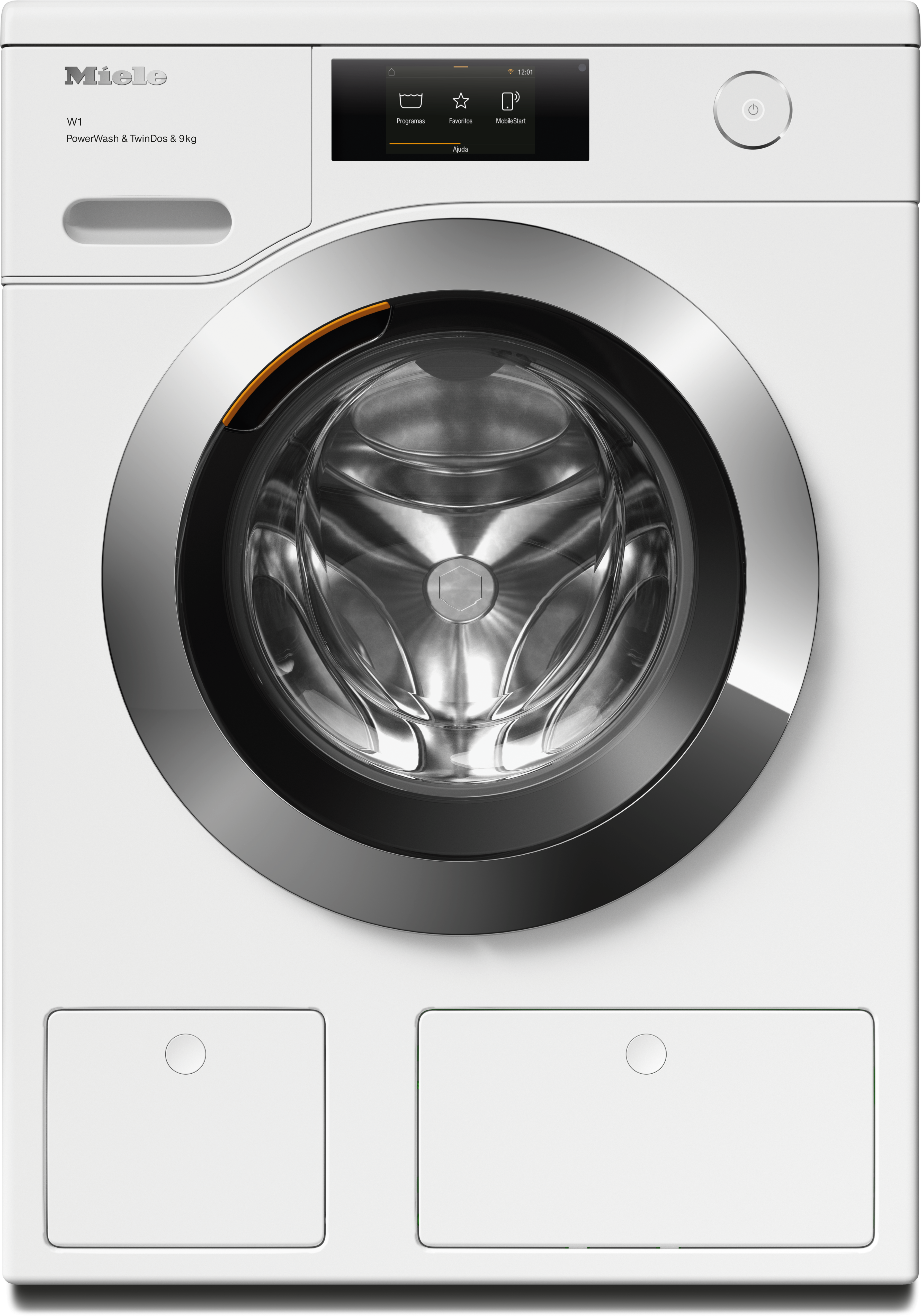 Máquina de lavar com carregamento frontal, porta circular de vidro e painel de controle digital, com acabamento externo branco.