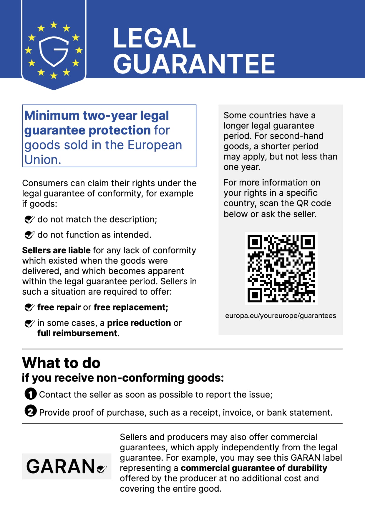 EU legal guarantee poster outlining minimum two-year protection for goods, consumer rights, steps to claim, and QR code for details. EU legal guarantee poster outlining minimum two-year protection for goods, consumer rights, steps to claim, and QR code for details.