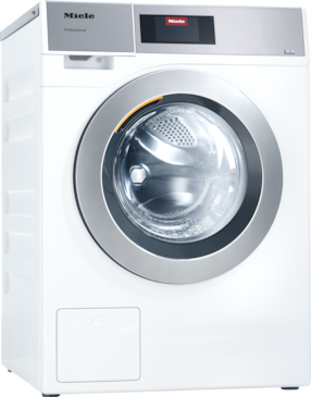 Front-loading white Miele washing machine with a large silver door and digital control panel.