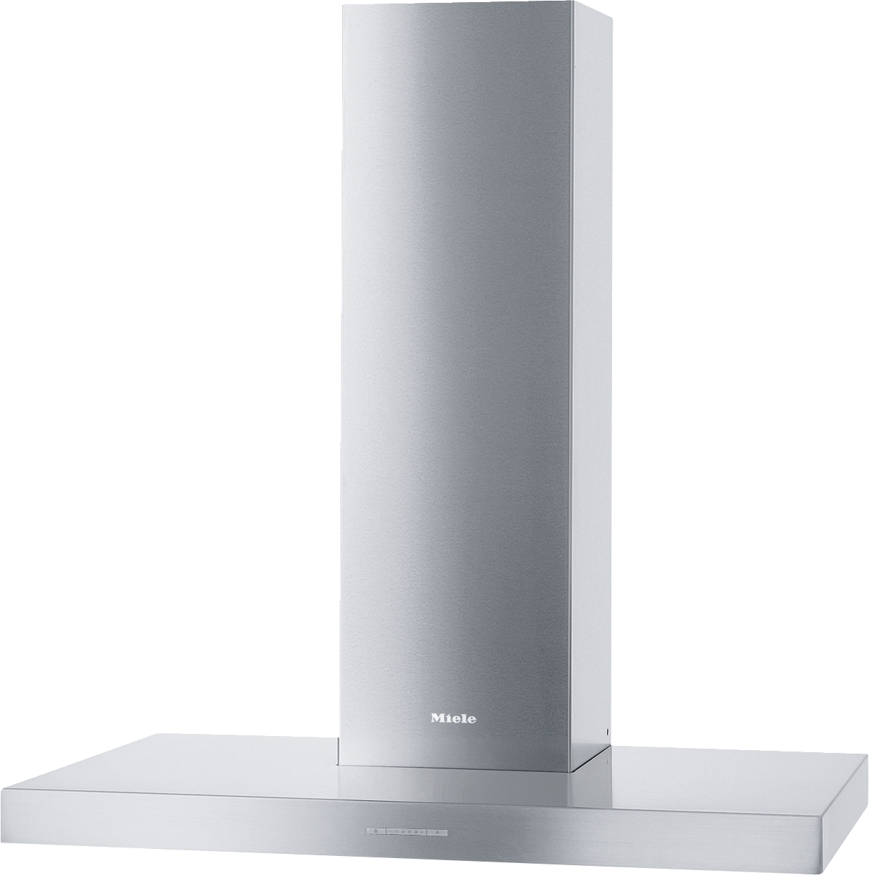 Vista frontal de um exaustor de chaminé da Miele, em aço inoxidável, para instalação na parede. Vista frontal de um exaustor de chaminé da Miele, em aço inoxidável, para instalação na parede.