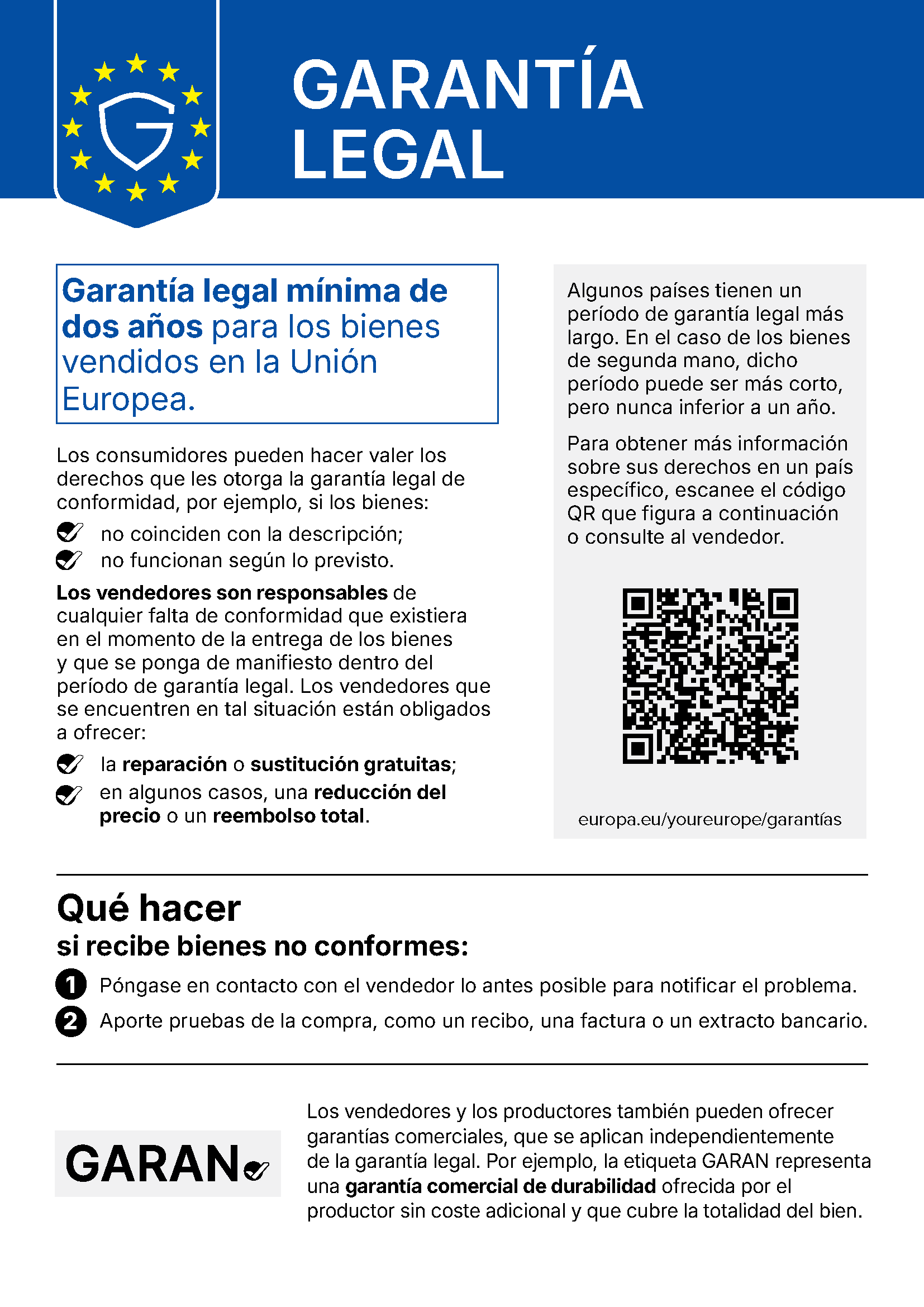 Folleto en español sobre la garantía legal mínima de 2 años en la UE, pasos ante bienes defectuosos y QR informativo.