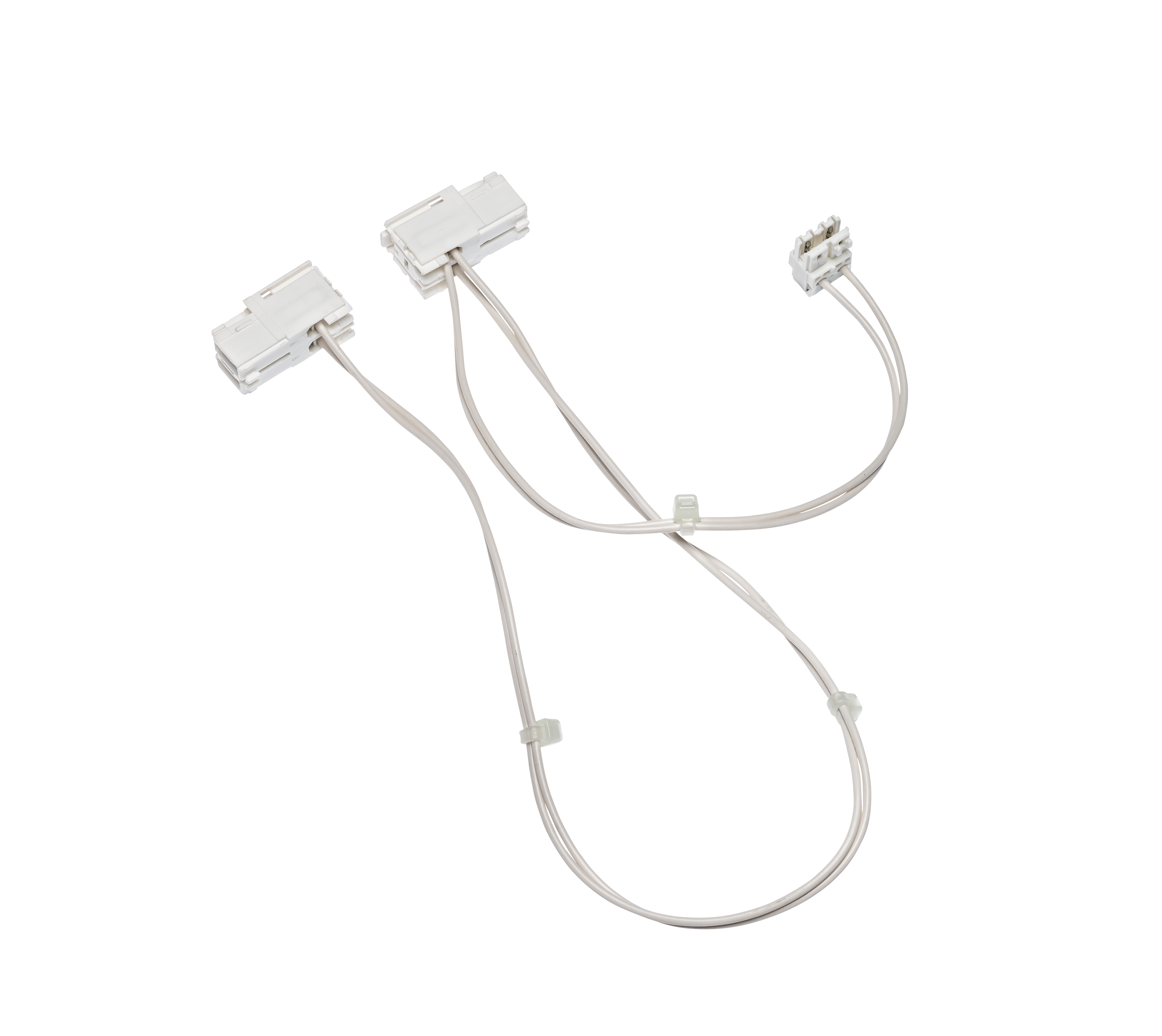 Y-shaped electrical harness with two rectangular quick-connect plugs and a three-pin connector, clear wires and clips.