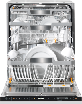 Open Miele Professional dishwasher loaded with plates, bowls, and glasses, highlighting interior racks and front control panel.