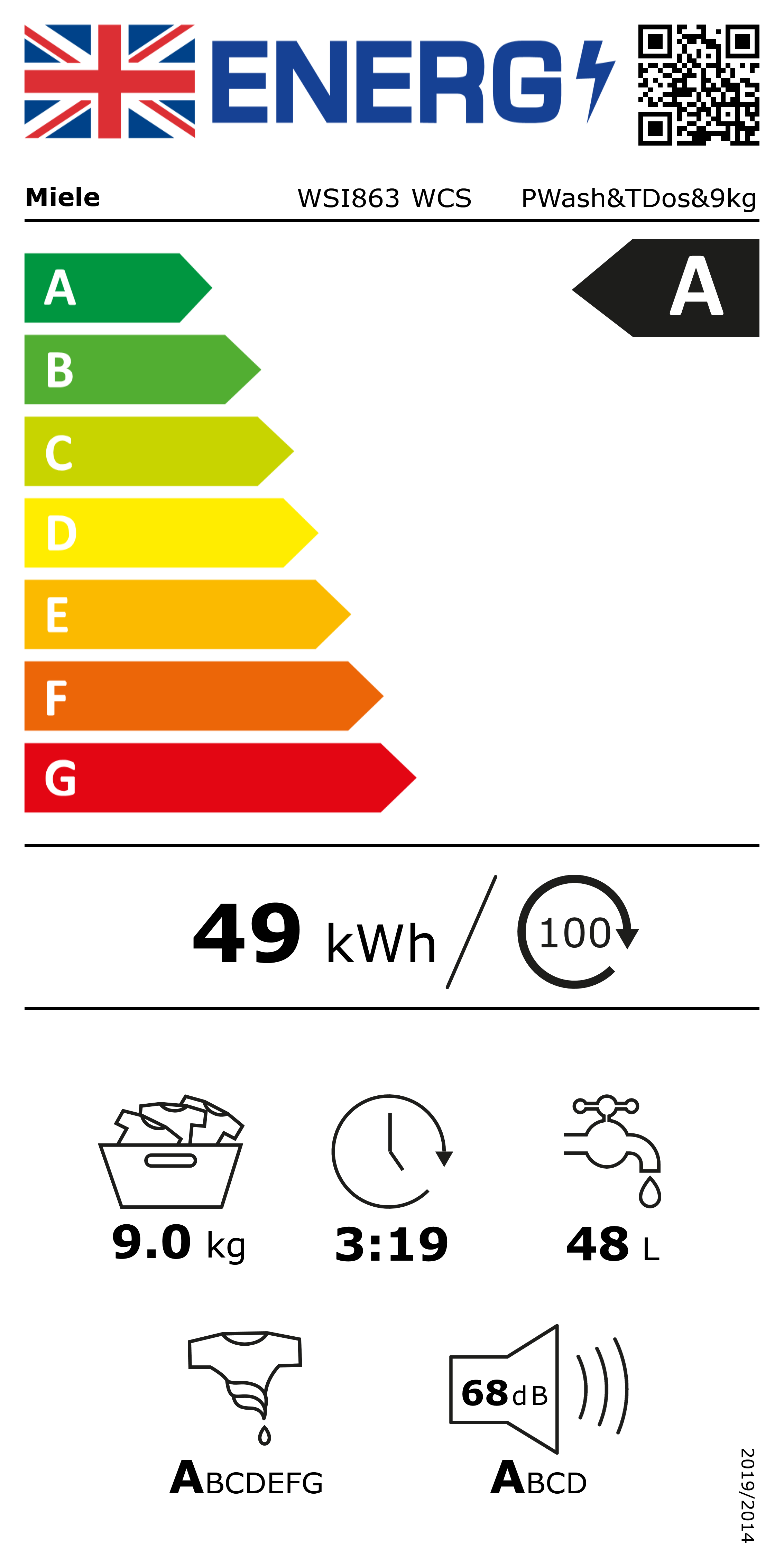 Energy label WSI863 WCS PWash&TDos&9kg Lotus white