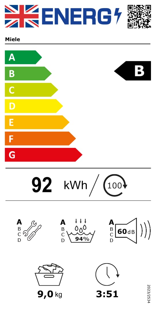 Energy efficiency label with a green arrow showing rating B, alongside a vertical A–G scale.