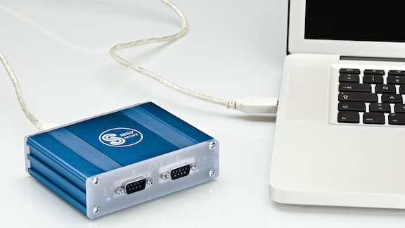 Blue photo data converter with USB port.