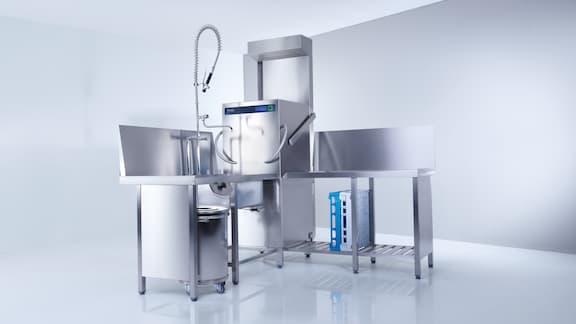 Packshot of a commercial throughfeed dishwasher from Miele Professional.