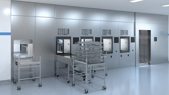 Large-chamber washer-disinfectors in the Central Sterile Supply Department.