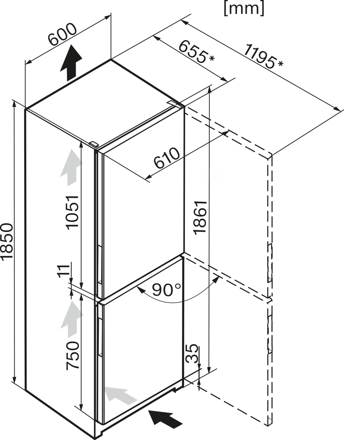 Baltas šaldytuvas su šaldikliu ir DynaCool funkcija, aukštis 1.86m (KFN 28132 D) product photo View41 ZOOM
