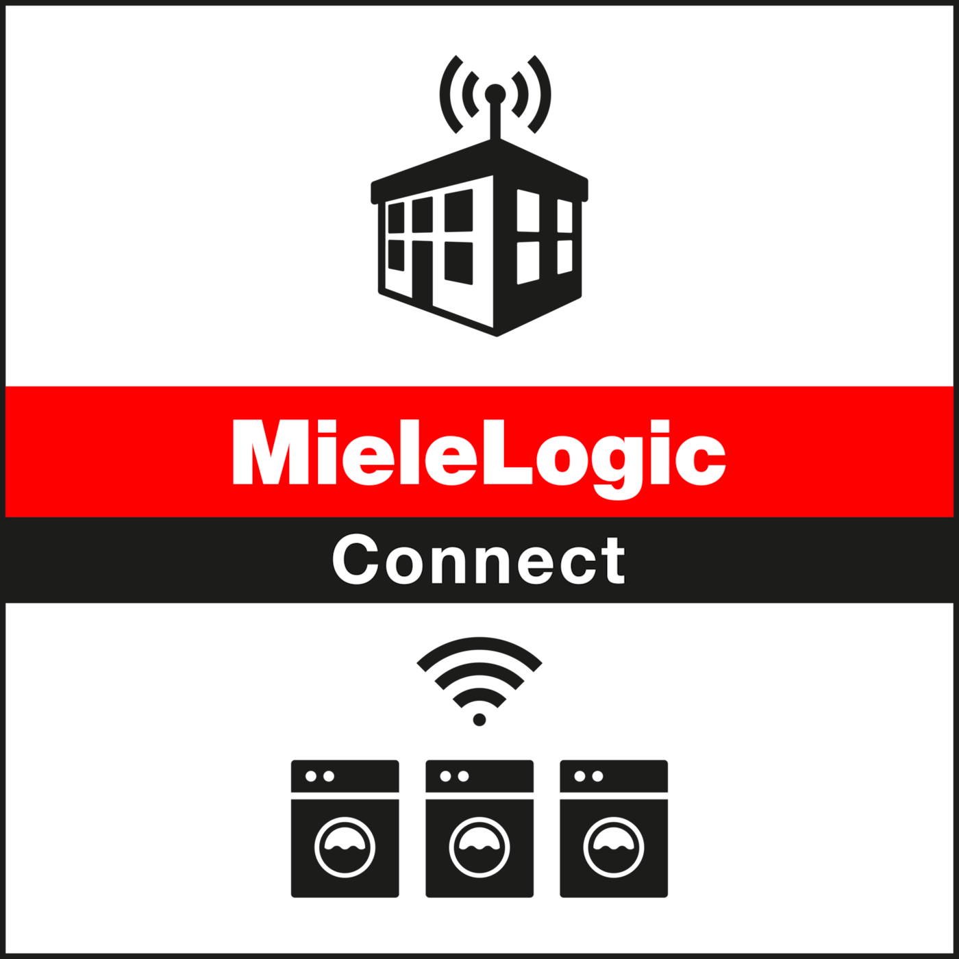 MieleLogic Connect-logo med en smart bygning og Wi-Fi-symboler og tre tilsluttede maskiner.