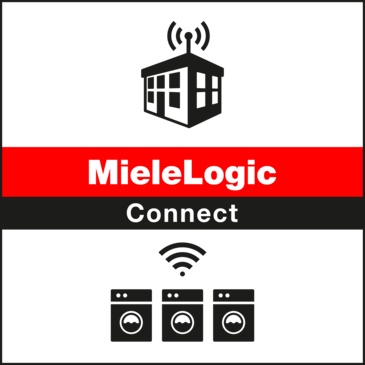 MieleLogic Connect-logo med en smart bygning og Wi-Fi-symboler og tre tilsluttede maskiner.