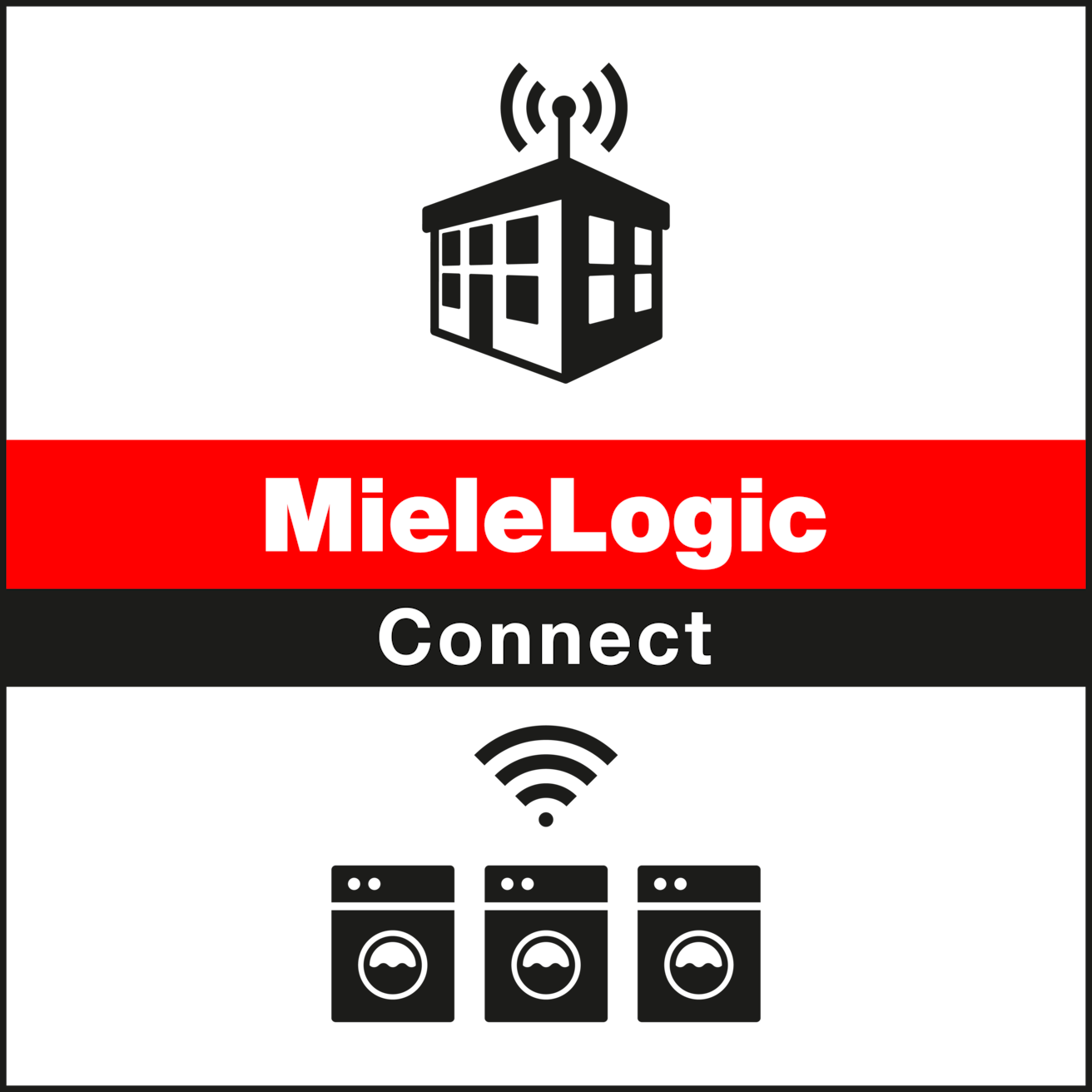 MieleLogic Connect-logo med en smart bygning og Wi-Fi-symboler og tre tilsluttede maskiner.