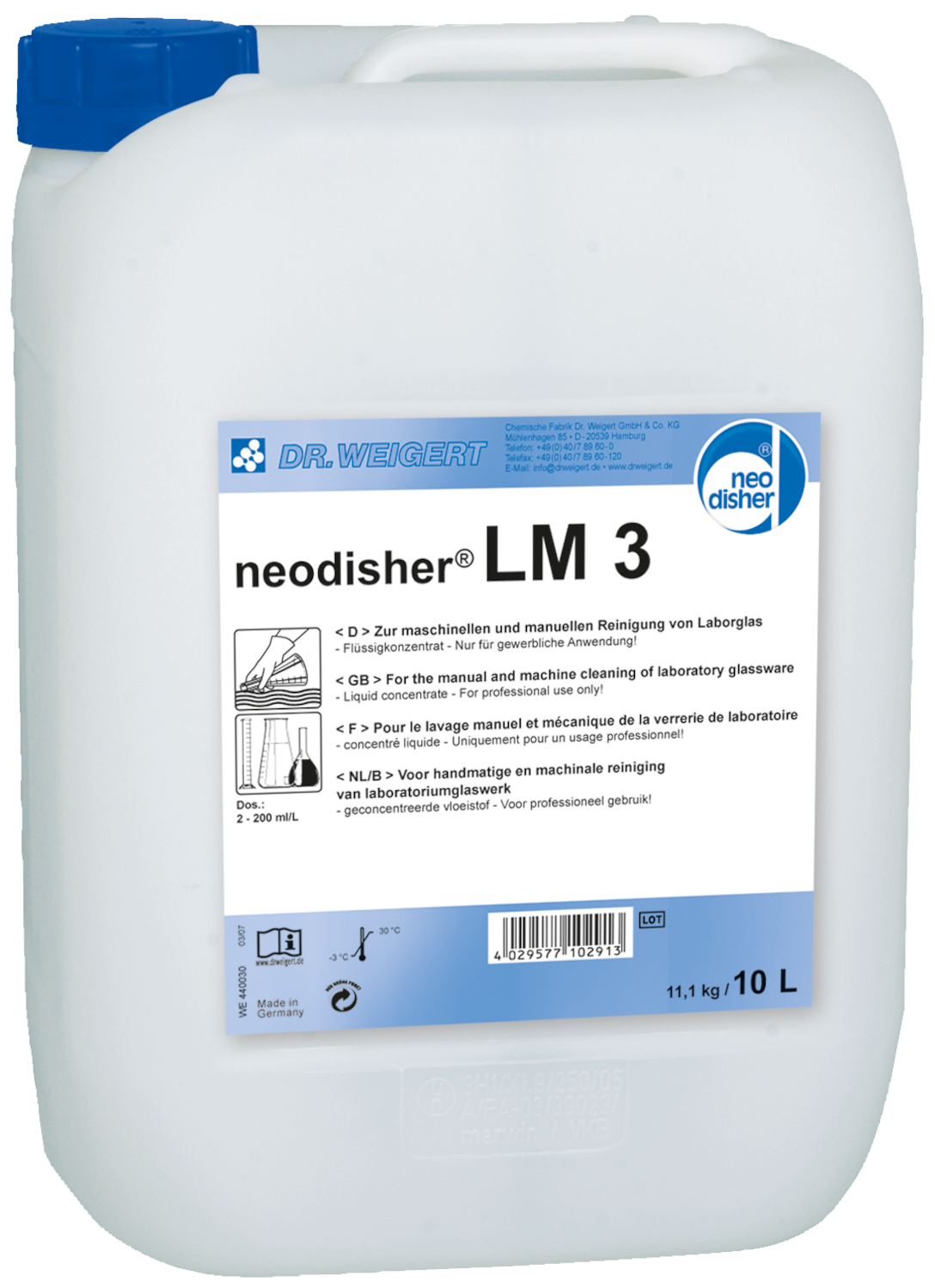 Neodisher LM3 Alkalisk vaskemiddel til opvaskekar og specialvaskemaskiner, 10 L produktfoto Front View ZOOM