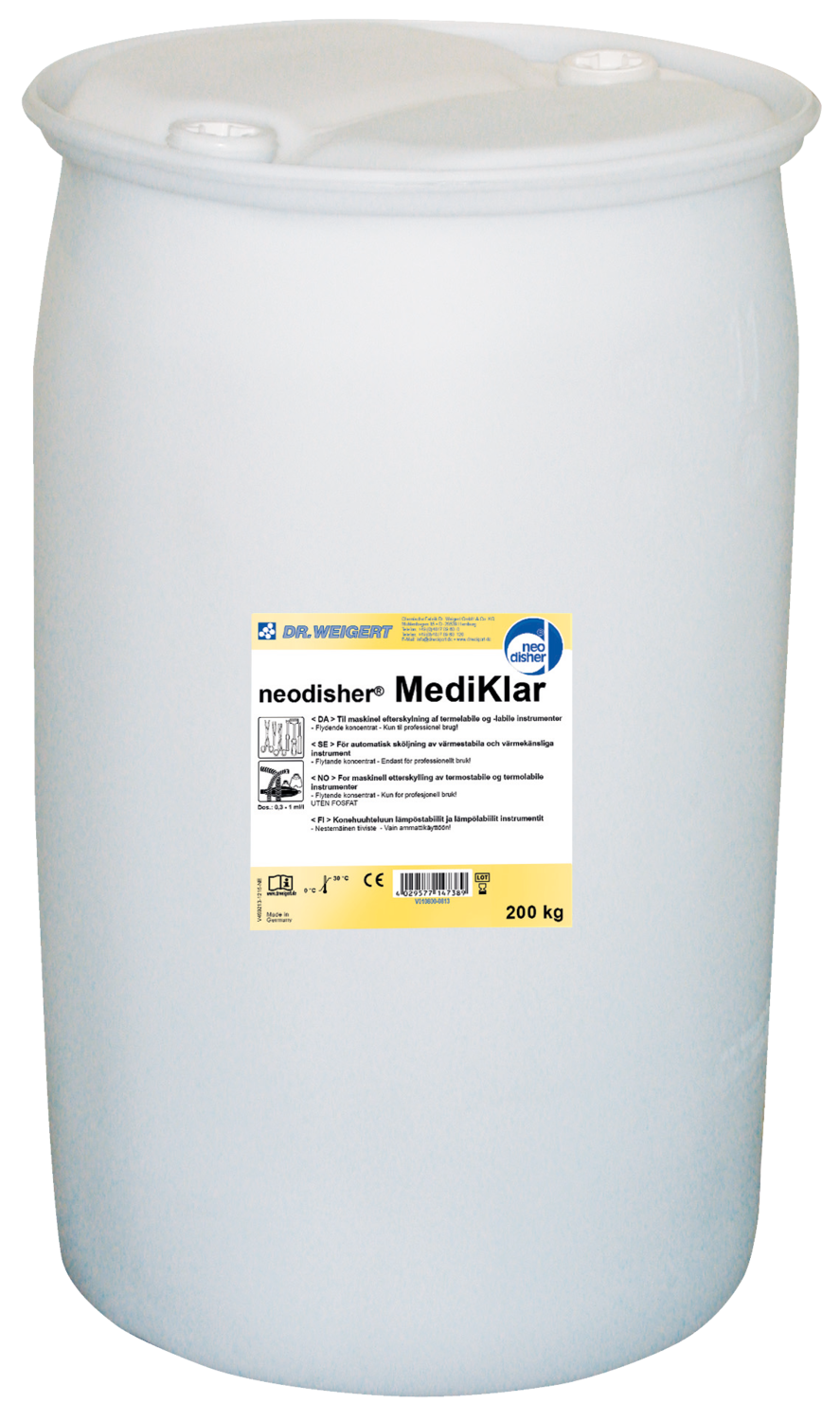 Neodisher Mediklar Barrel  Flydende afspændingsmiddel til instrumentopvaskemaskiner, 200 L produktfoto Front View ZOOM