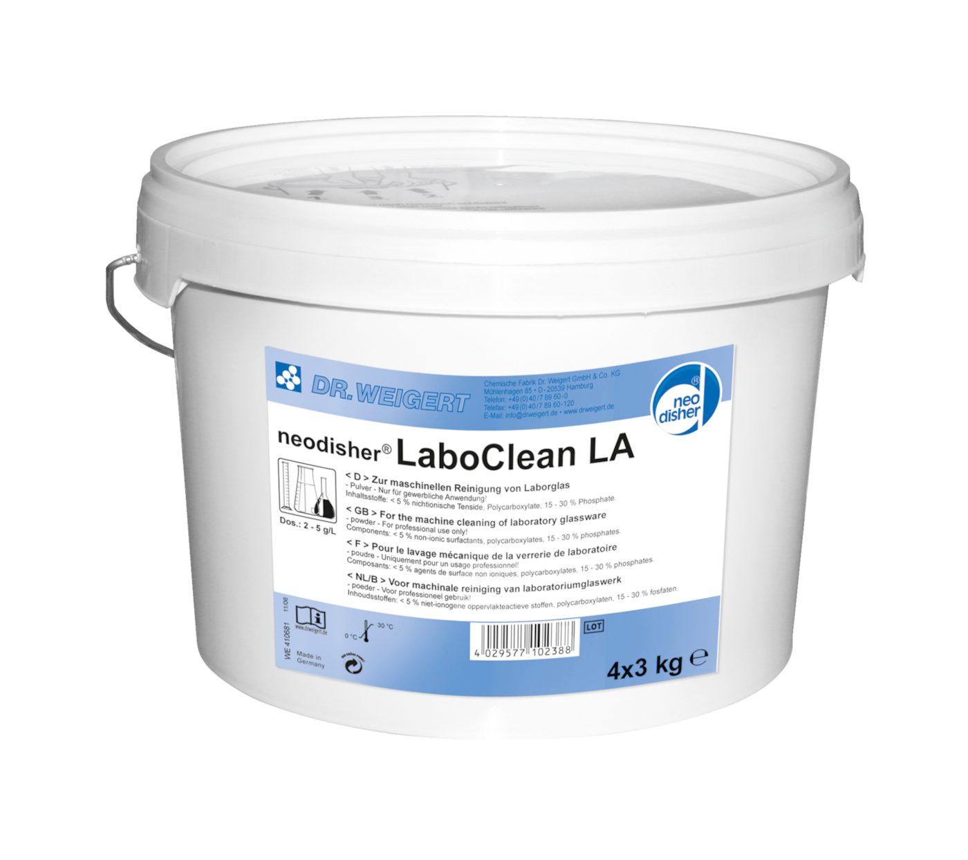 Neodisher LaboClean LA  Alkalisk rengøringsmiddel til specialopvaskemaskiner, 4x3 kg produktfoto Front View ZOOM