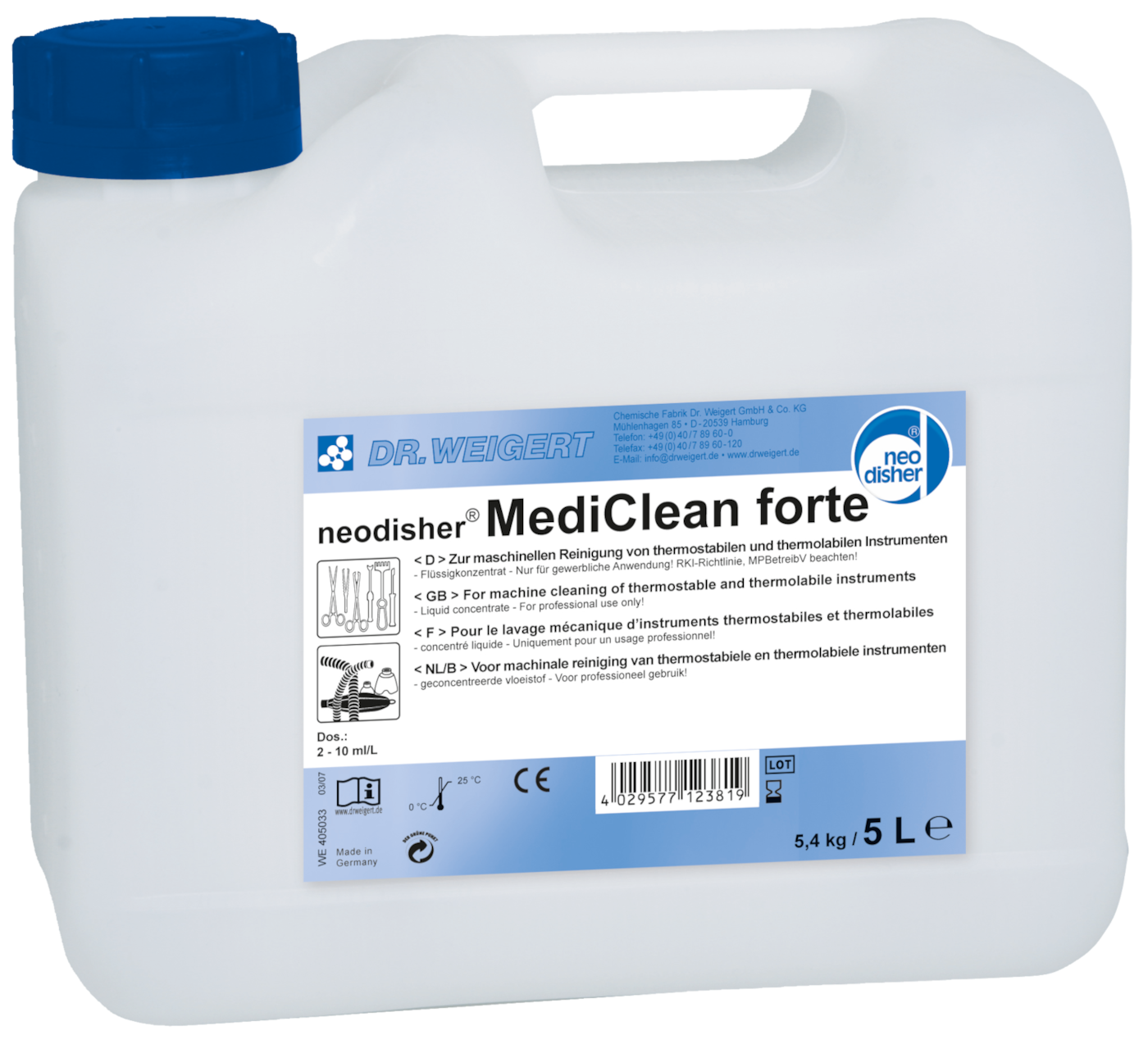 Neodisher Mediclean Forte 5 L Flydende rengøringsmiddel til rengøring af instrumenter, 5 L produktfoto Front View ZOOM
