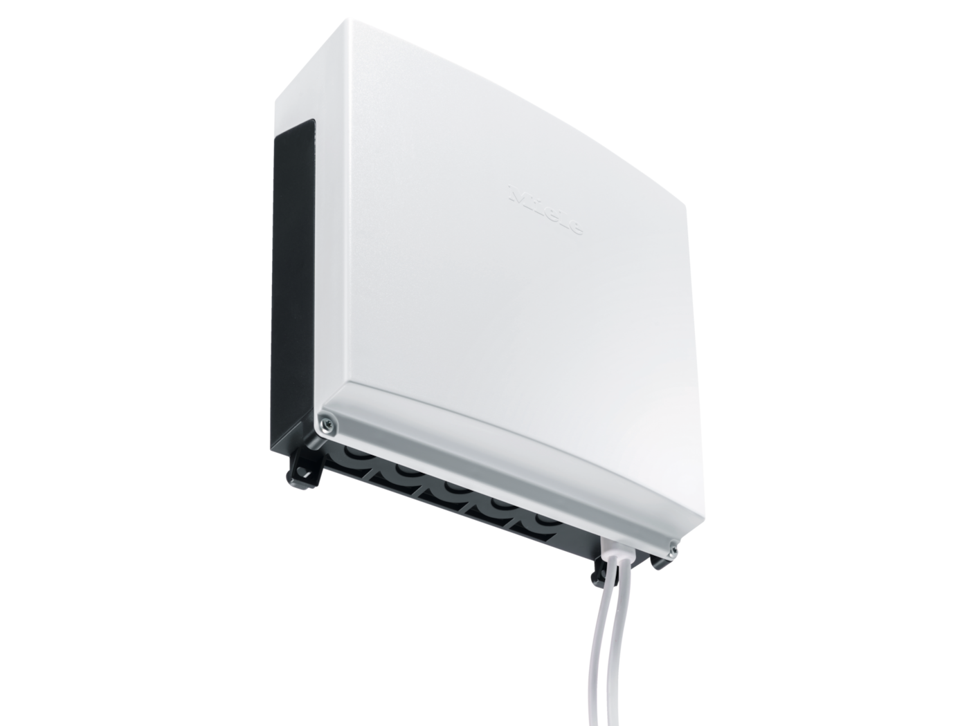 Vitt vägghållare för elektrisk manöverpanel med böjd frontpanel och kablar som går ut från undersidan.