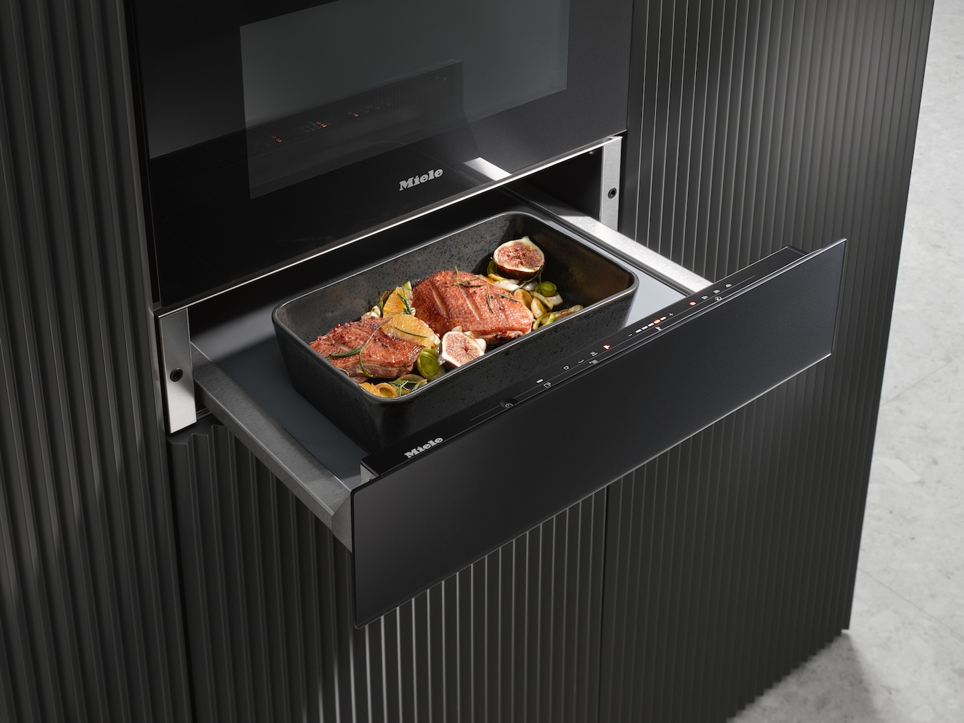 ESW 7010 Obsidian Black 14 cm High Handleless Gourmet Warming Drawer product photo Laydowns Detail View1 ZOOM