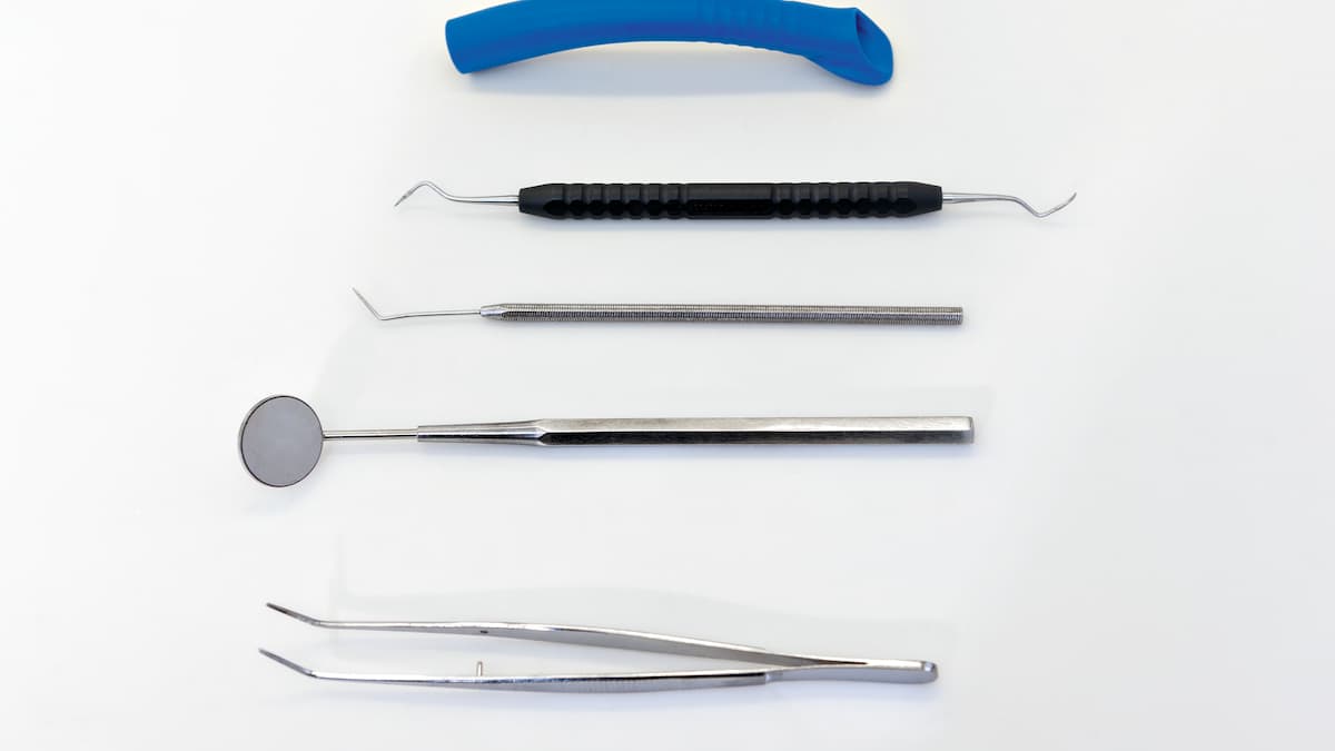 Dental tools on counter from above