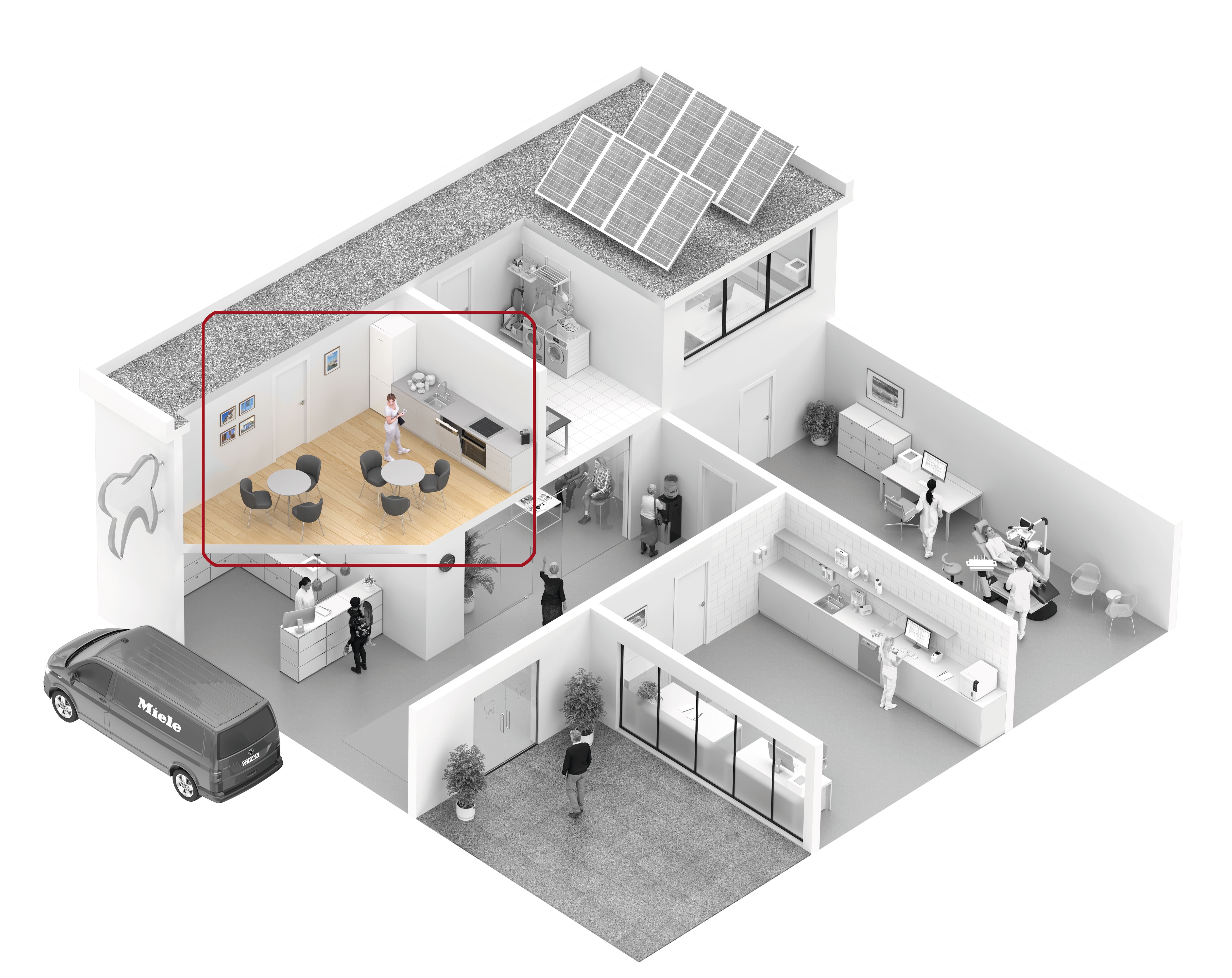 Spülmaschine in der Küchenzeile mit sauberem Geschirr.